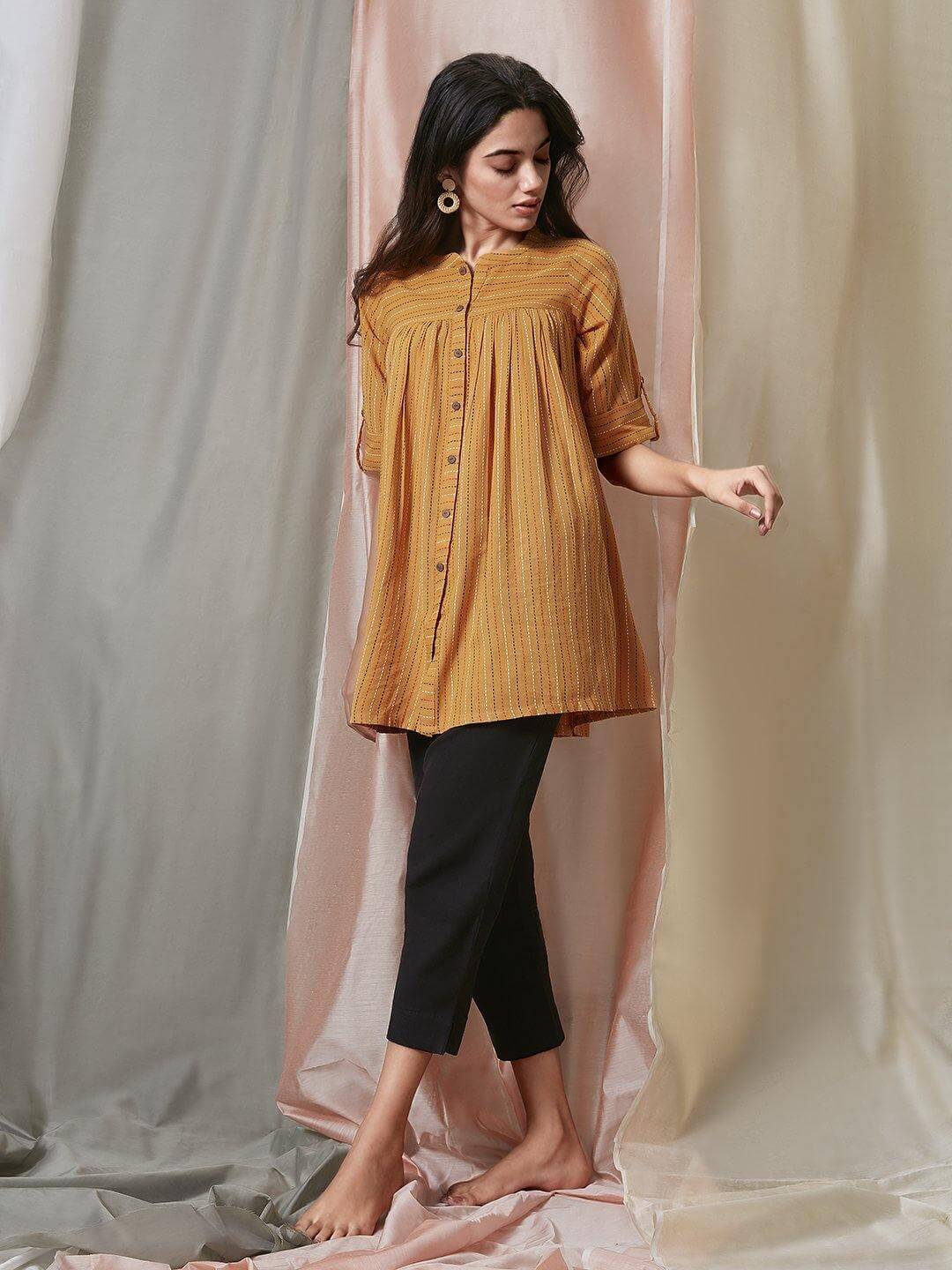  Women Selfdesign Mustard Cotton Top / Zamaisha Cotton Tops Tunics