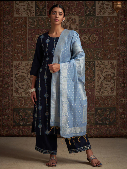 Navy Blue Embroidered Straight Kurta Palazzos With Dupatta Set