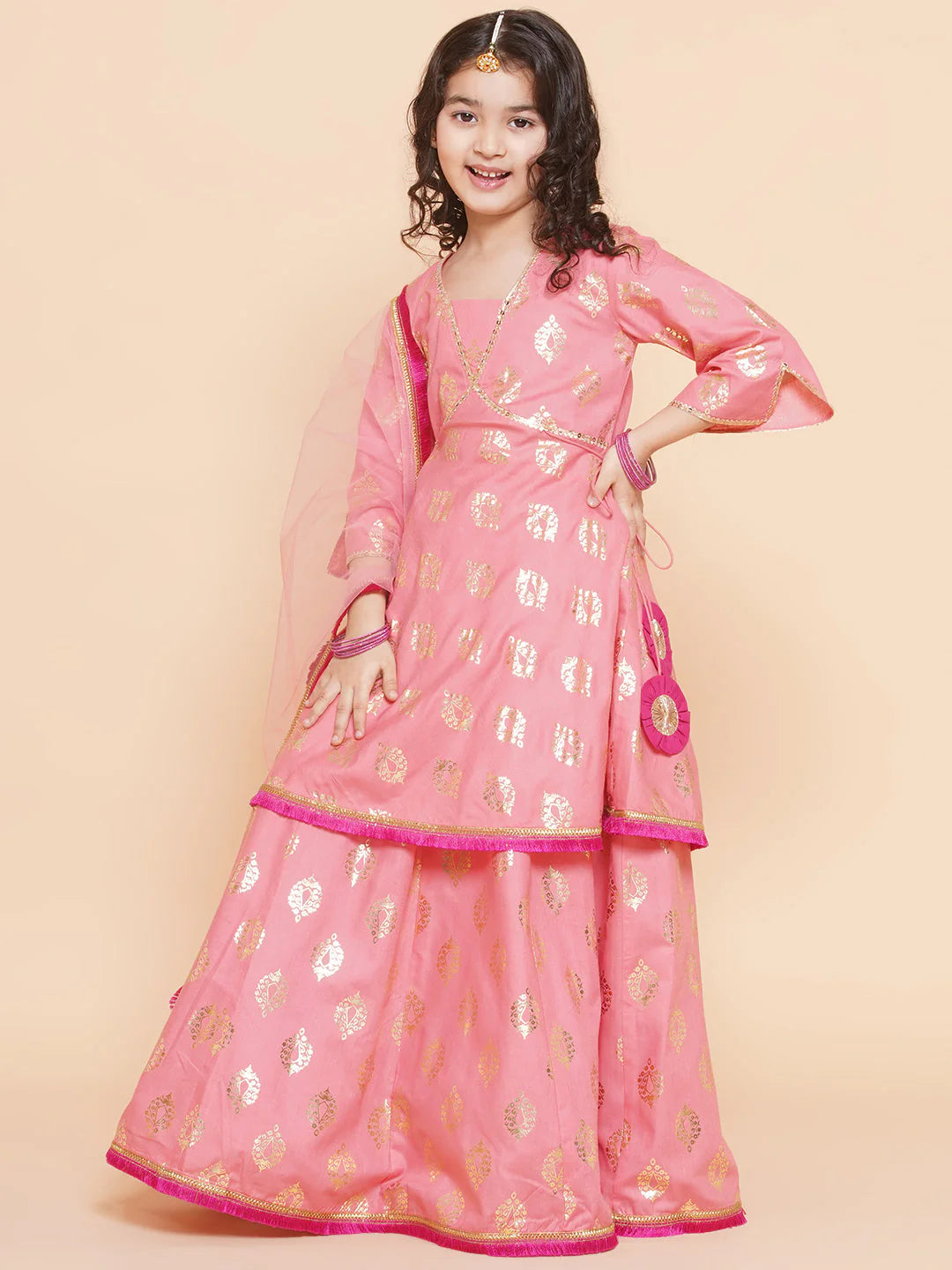 Girls Peach Foil Printed Lace Work Lehenga,Choli With Dupatta.