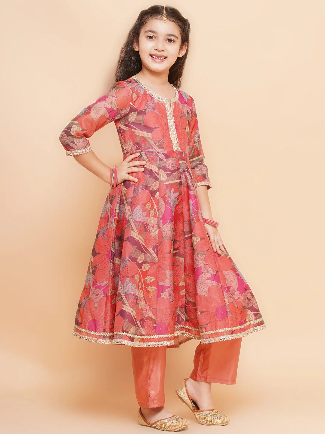 Girls Peach Floral Printed Kurta with Pant & Dupatta