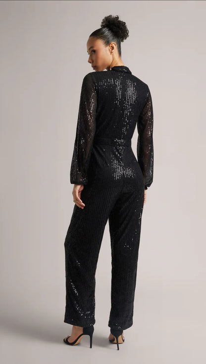 Black Poly Elastane Sequined Regular Jumpsuit