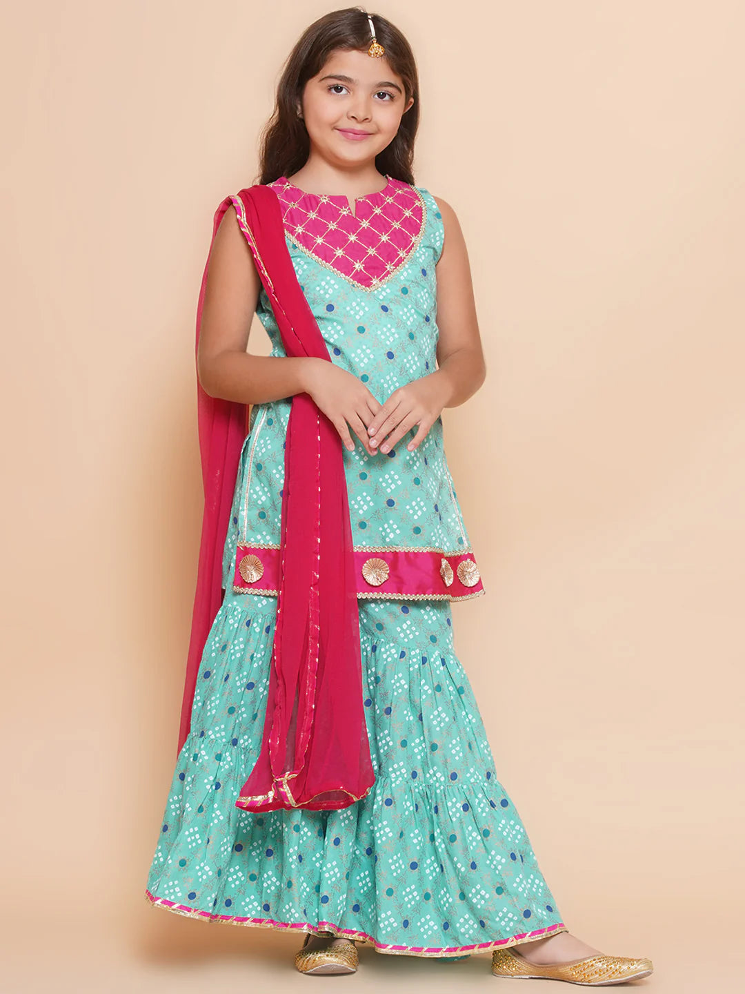 Girls Sea Green Gold Printed Kurta & Sharara With Dupatta