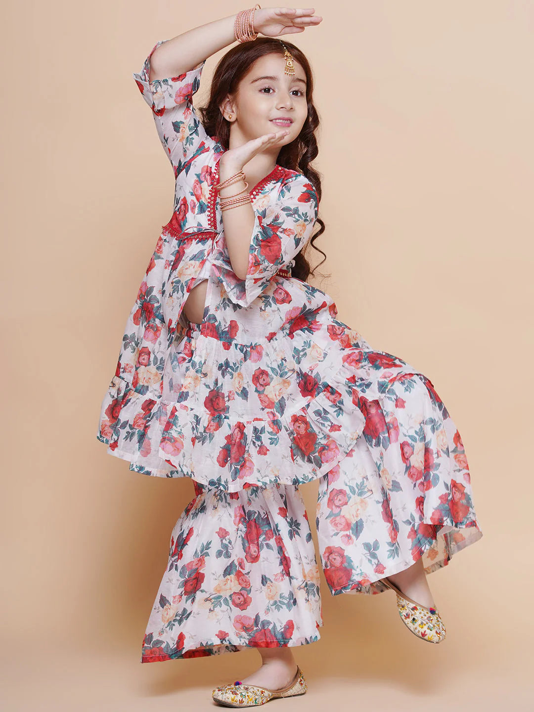 Girls Red Rose Printed Kurta with Sharara