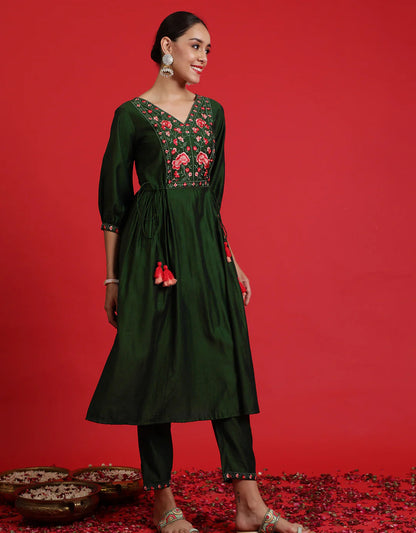 Green Embroidered A-Line Kurta Trousers Set