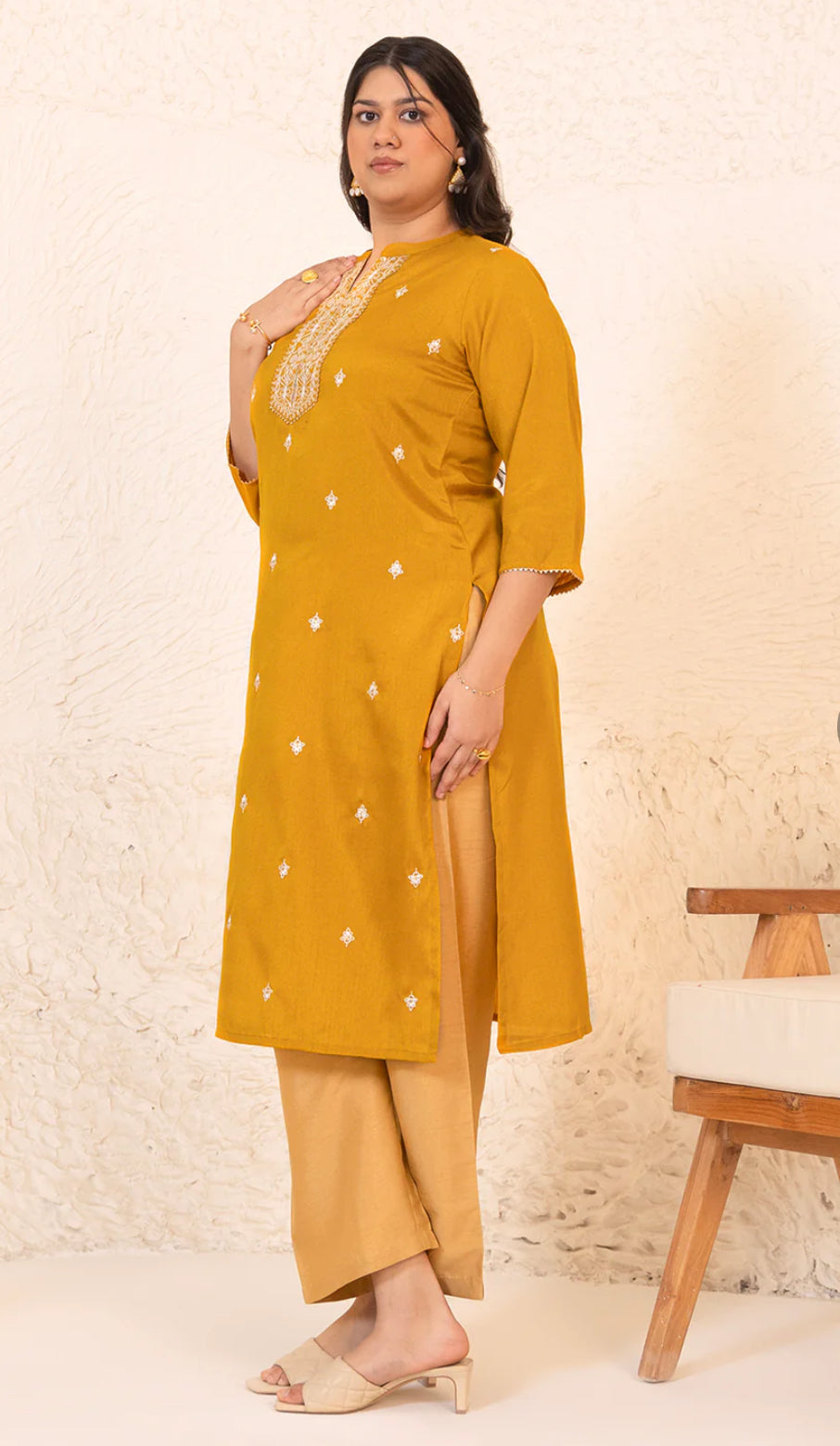 Plus Size Mustard Crepe Silk Embroidered Straight kurta