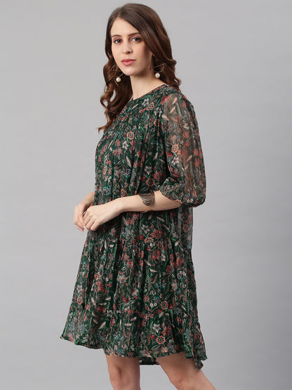 Women's Green Poly Georgette Floral Flared Western Dress