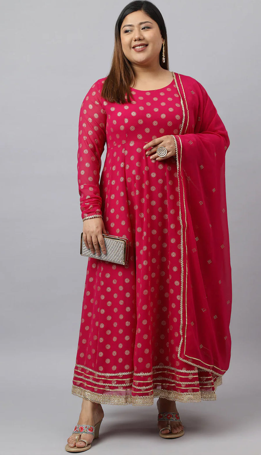 Bright Pink Georgette Foil Print Kurta with Dupatta