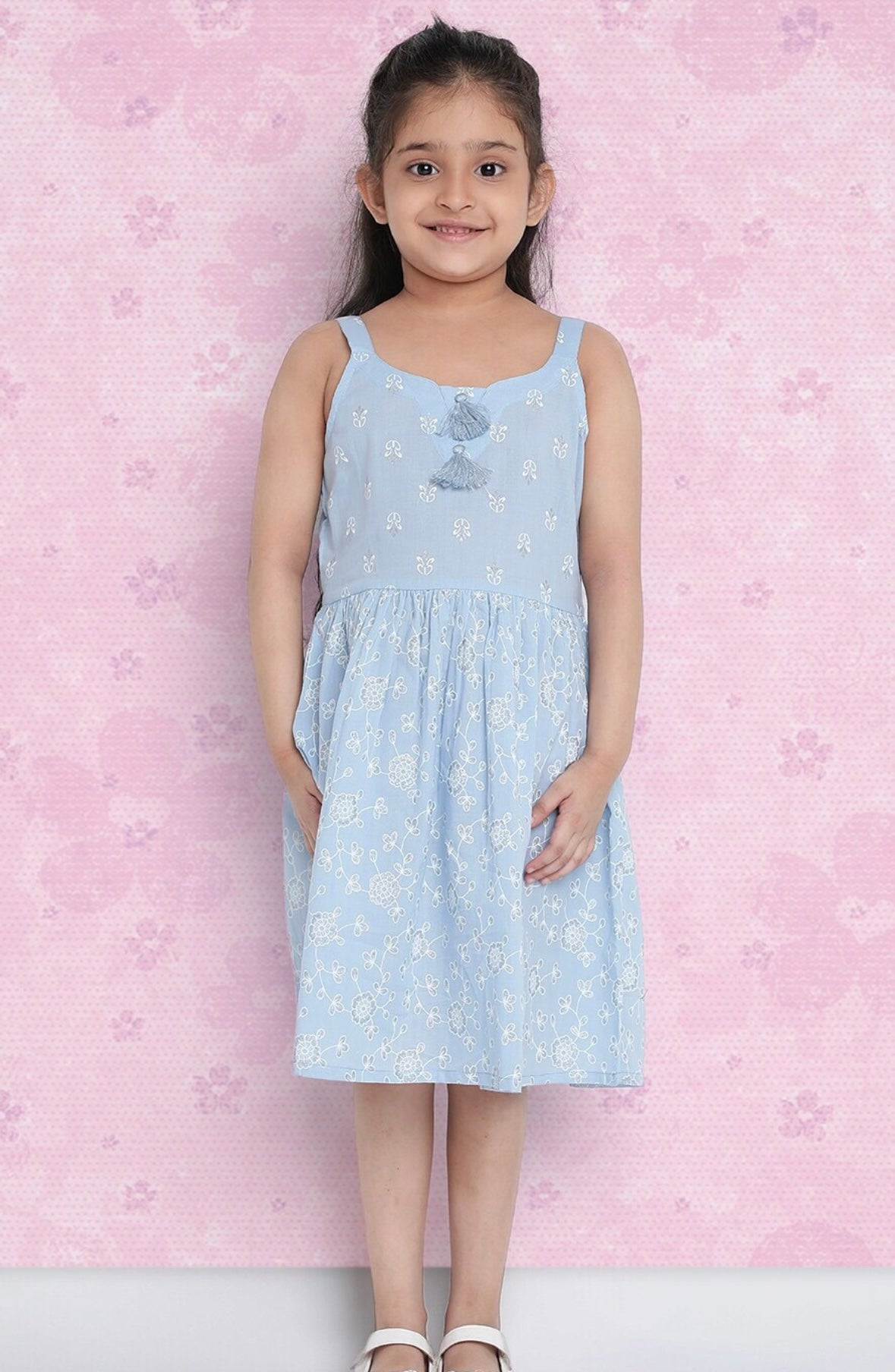 Girls Blue Floral Printed Cotton A-Line Dress