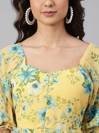 Women's Yellow Georgette Floral Print Flared Dress