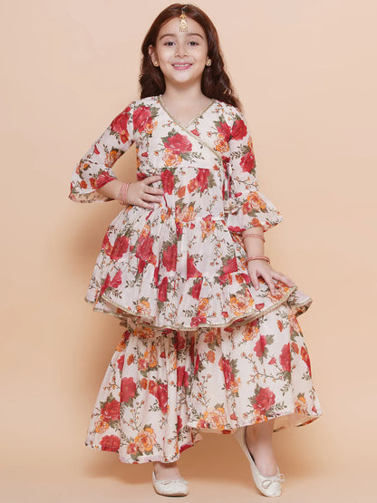 Girls Off white red Printed Angrakha Kurta with Sharara