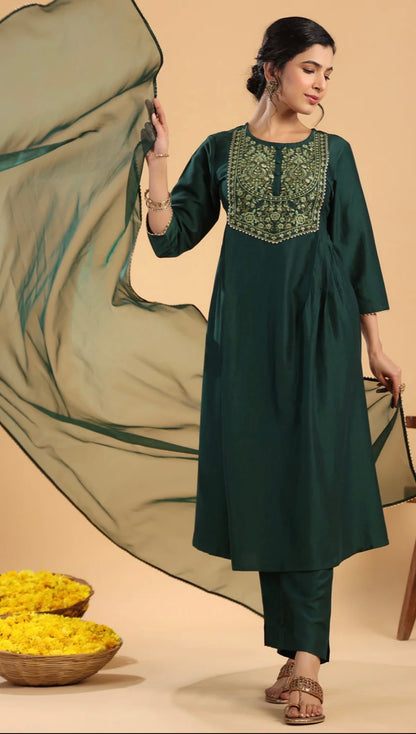 Dark Green Chinnon Yoke Embroidery Pleated Kurta Set