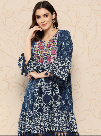 Blue Floral Embroidered Bell Sleeves With Pom-Pom Detail A-Line Dress