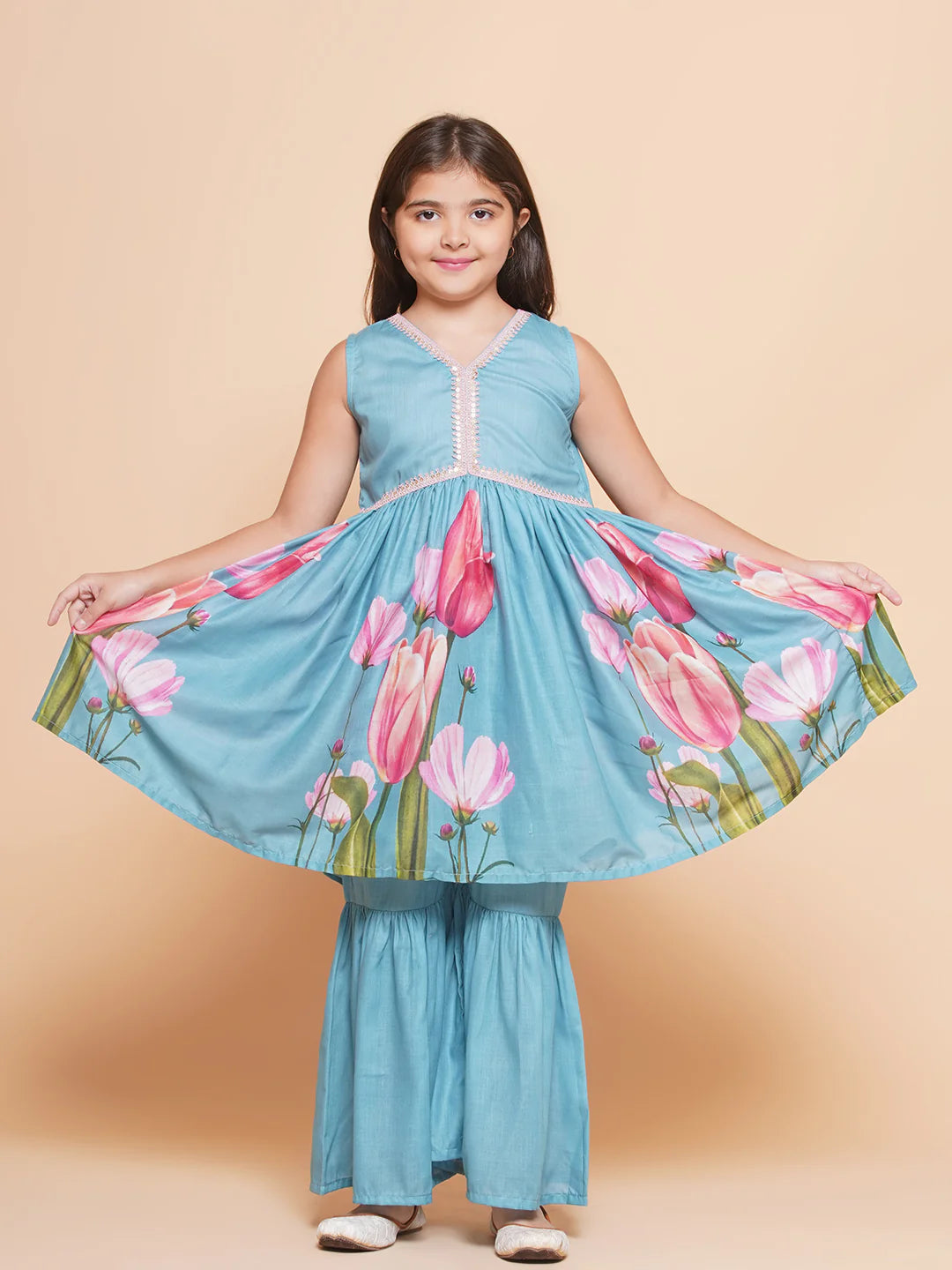 Girls Turquoise Blue Printed Alia Design Kurta & Sharara