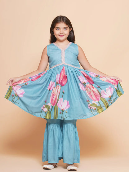 Girls Turquoise Blue Printed Alia Design Kurta & Sharara