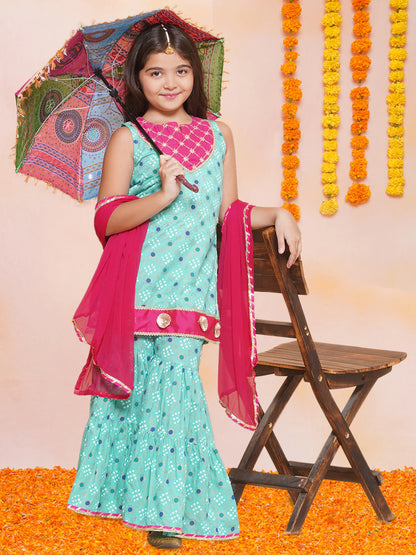 Girls Sea Green Gold Printed Kurta & Sharara With Dupatta