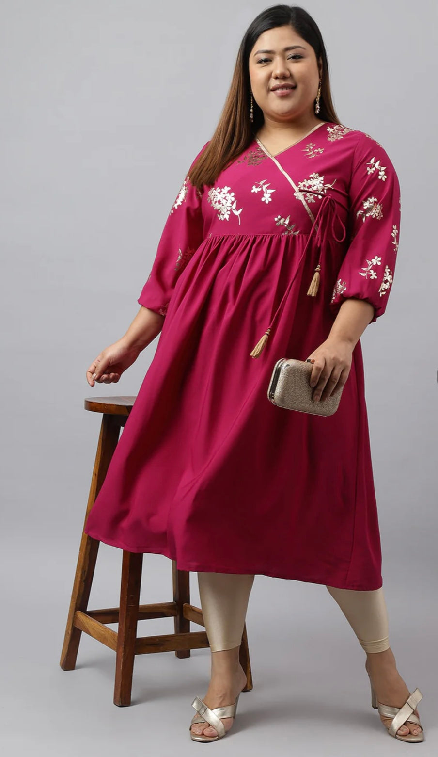 Magenta Poly Crepe Foil Floral Print Angrakha Kurta