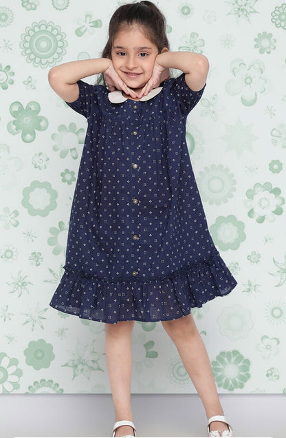 Girls Navy Blue Polka Dot Printed Cotton Ruffled Drop-Waist Dress