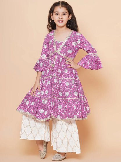 Girls Purple Printed Kurta with Sharara