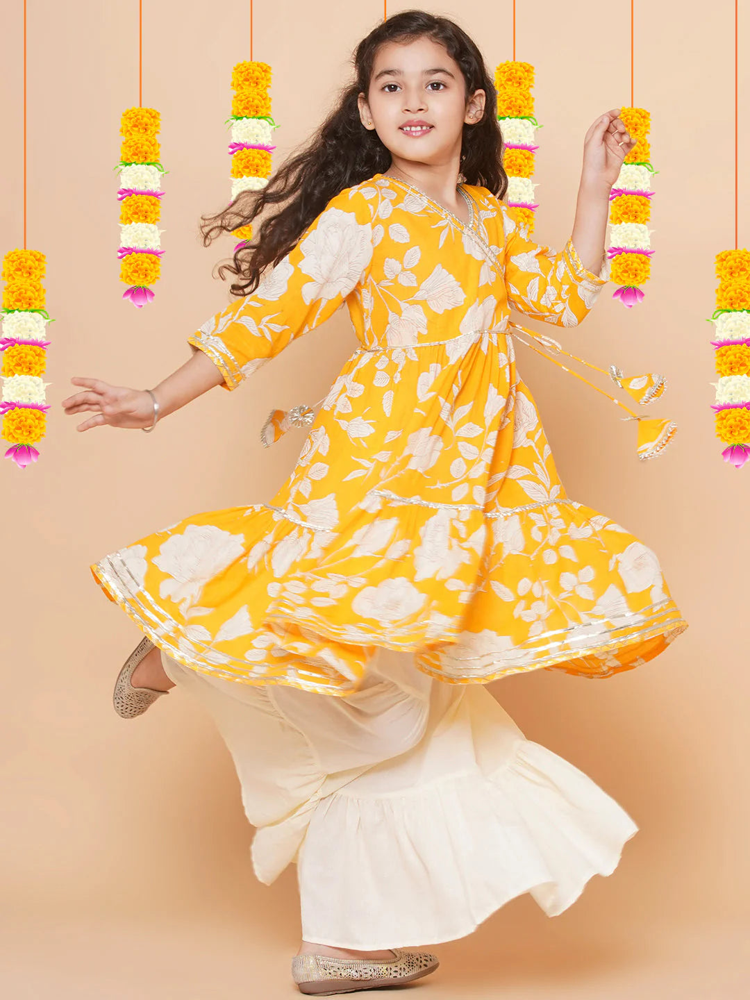 Girls Yellow Floral Printed Angrakha Gotta Patti Kurta With Sharara