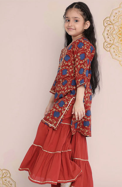 Girls Floral Printed Regular Gotta Patti Kurta With Sharara & Dupatta