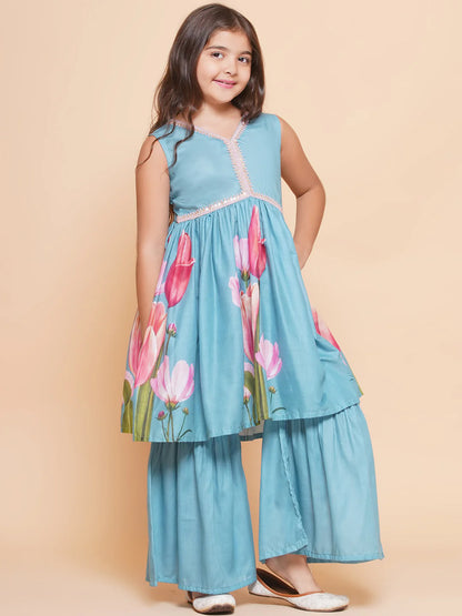 Girls Turquoise Blue Printed Alia Design Kurta & Sharara