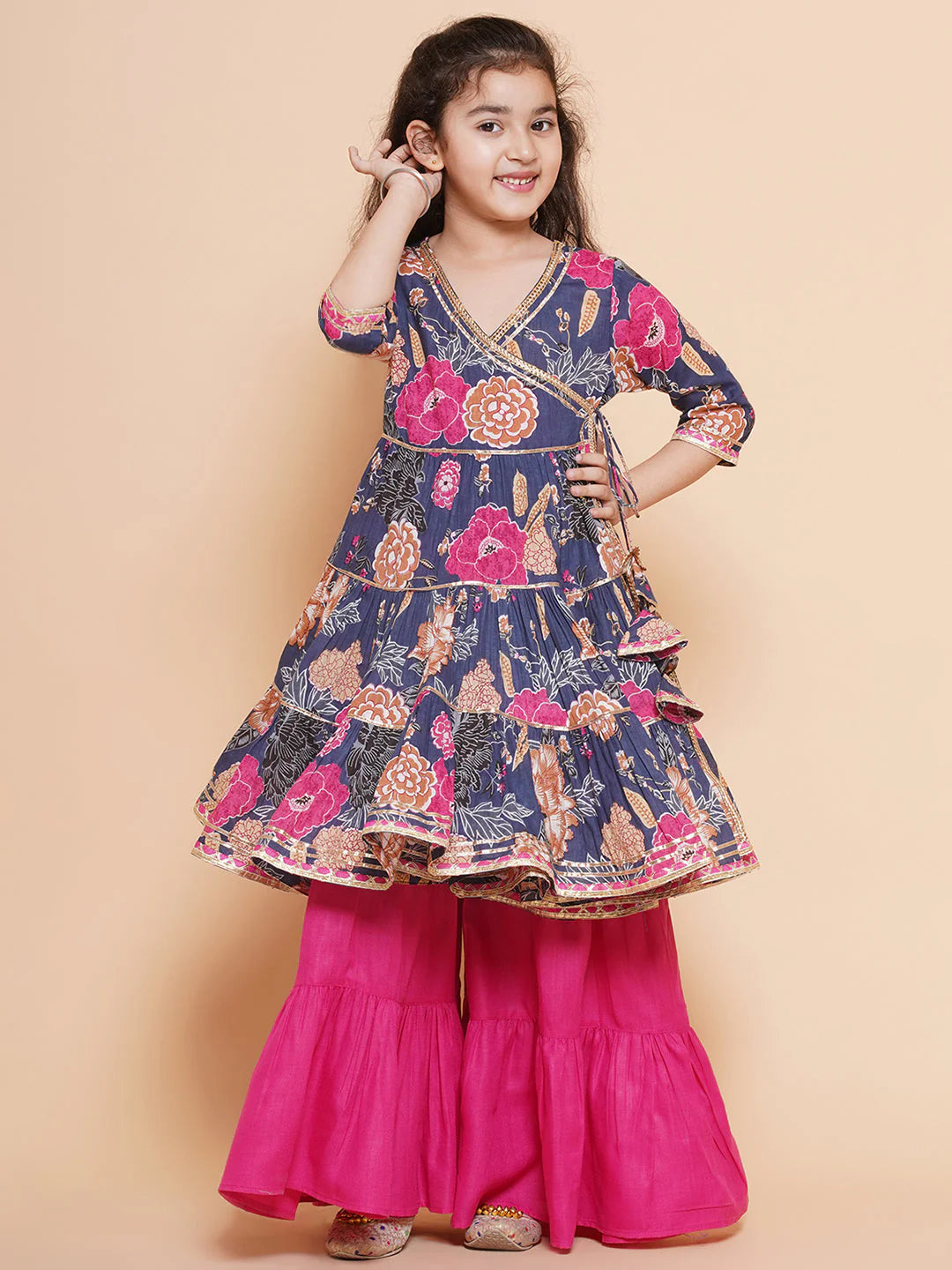 Girls pink Floral Printed Angrakha Gotta Patti Kurta With Sharara