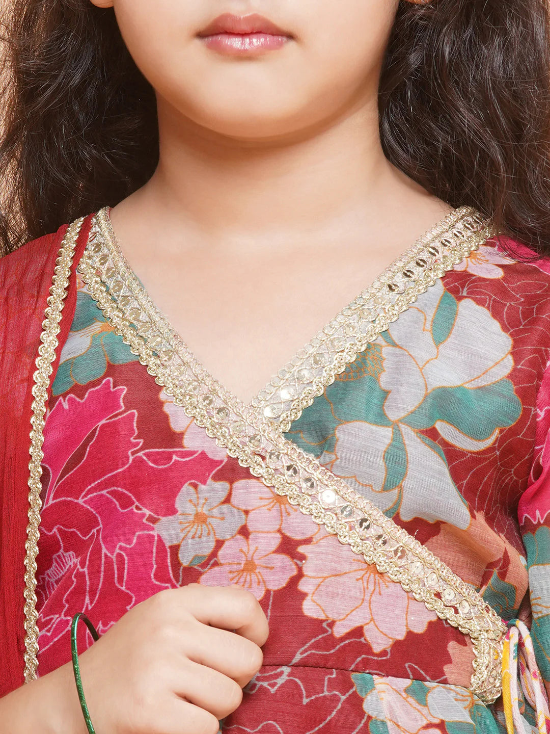 Girls Maroon Multi Printed Angrakha Kurta with Sharara & Dupatta