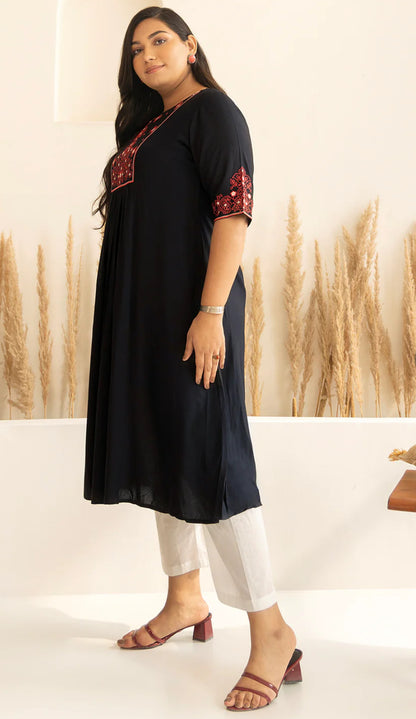 Plus Size Black Rayon Yoke Embroidered A-line kurta