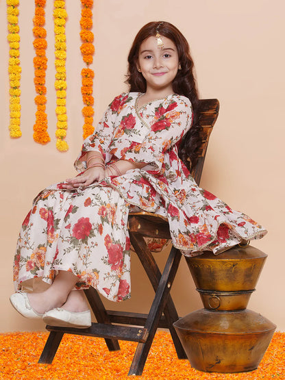 Girls Off white red Printed Angrakha Kurta with Sharara