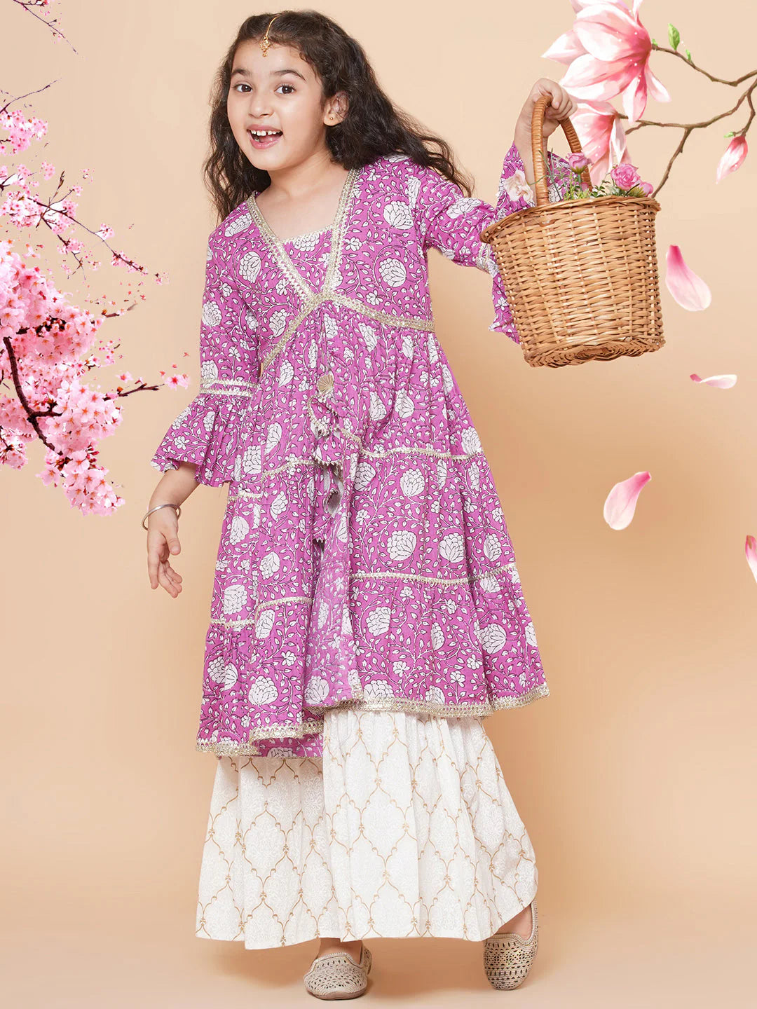 Girls Purple Printed Kurta with Sharara