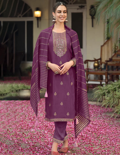 Burgundy Embroidered Straight Kurta Trousers With Dupatta Set