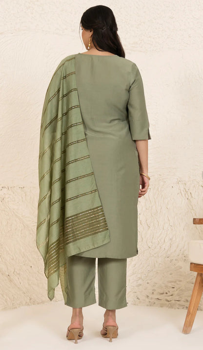 Olive Chinnon Embroidered Straight Kurta Set