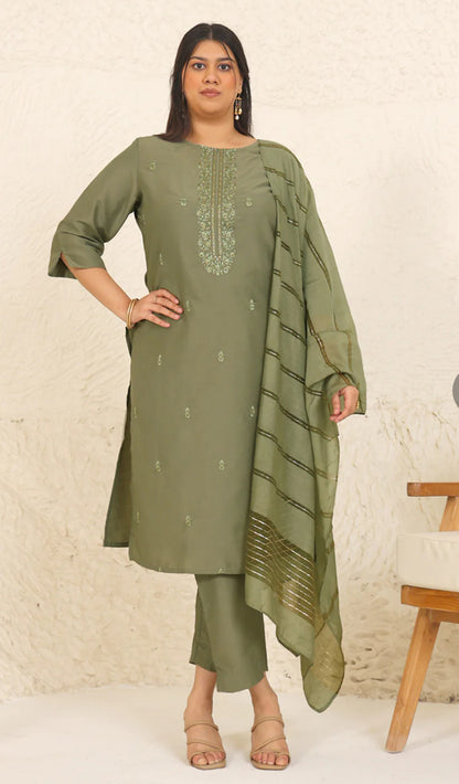 Olive Chinnon Embroidered Straight Kurta Set