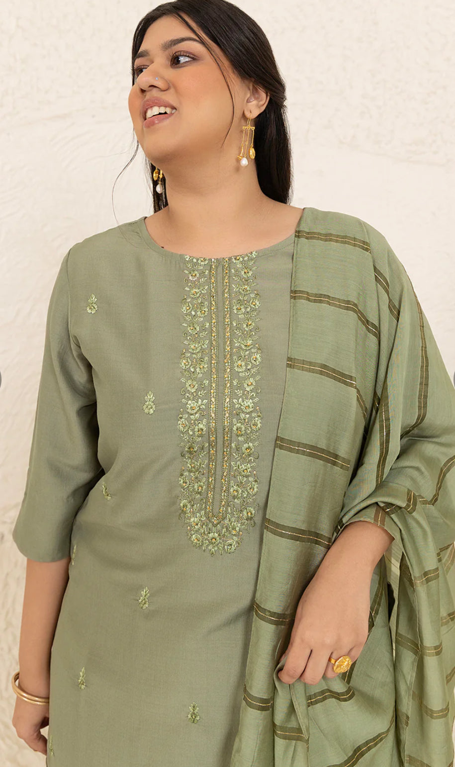 Olive Chinnon Embroidered Straight Kurta Set