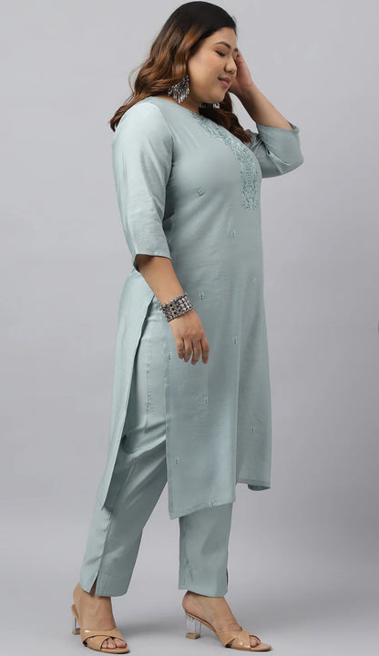 Dusty Blue Chinon Embroidered Kurta with Pant and Dupatta