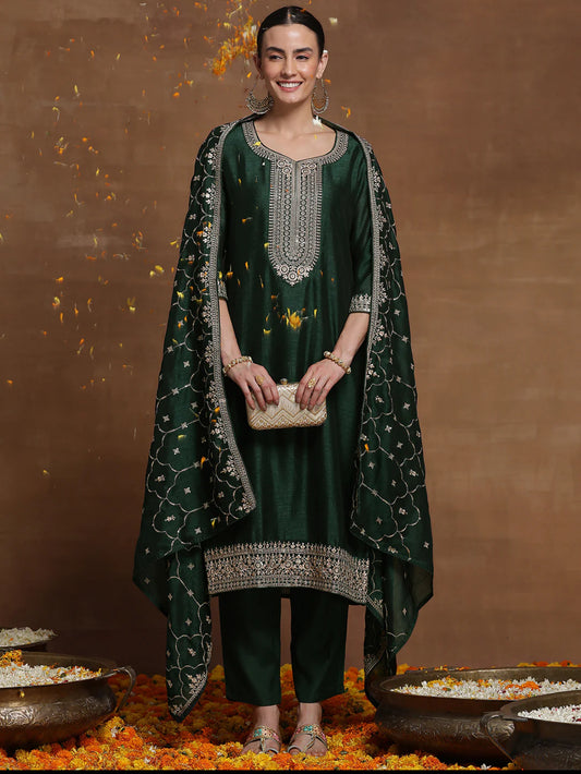 Green Embroidered Straight Kurta Trousers With Dupatta Set