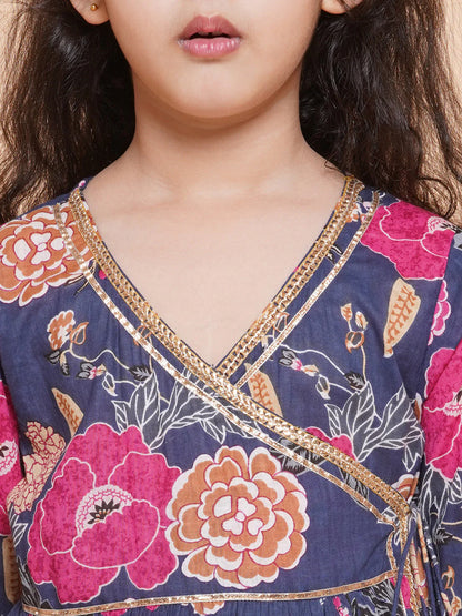 Girls pink Floral Printed Angrakha Gotta Patti Kurta With Sharara