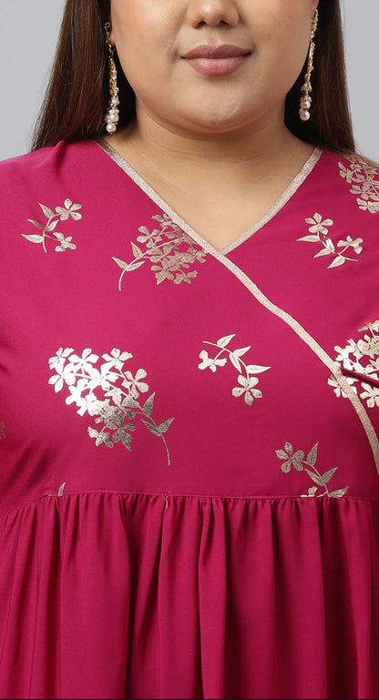 Magenta Poly Crepe Foil Floral Print Angrakha Kurta