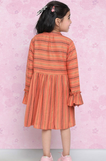 Girls Orange Striped Pure Cotton Fit & Flare Dress