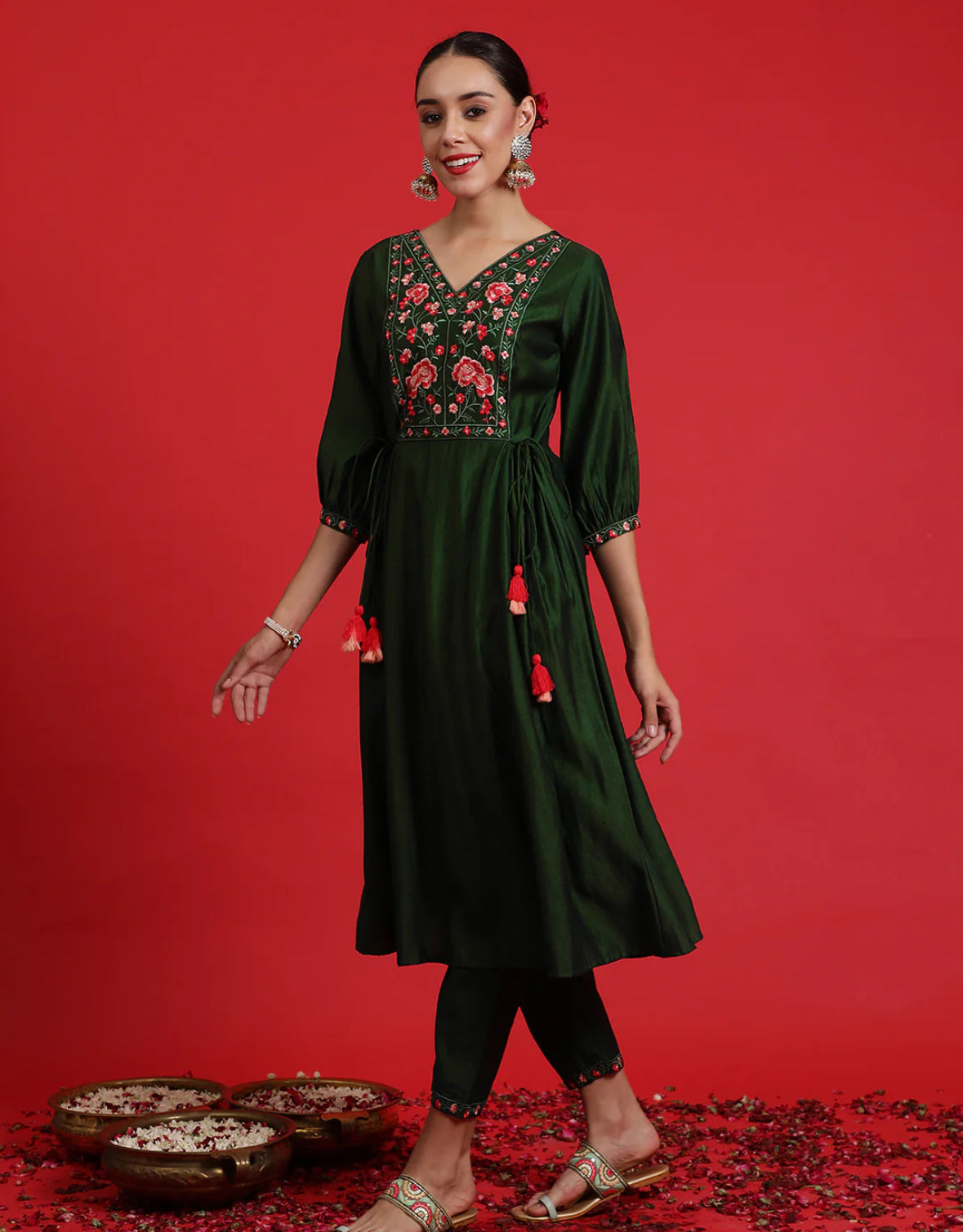 Green Embroidered A-Line Kurta Trousers Set