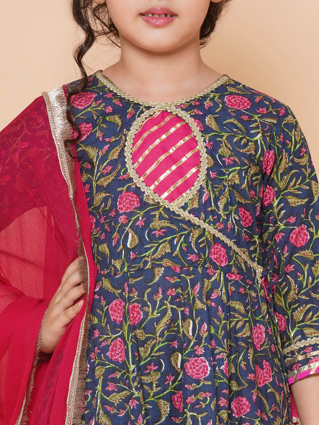 Girls Blue Floral Printed Angrakha Gotta Patti Kurta Sharara set With Dupatta