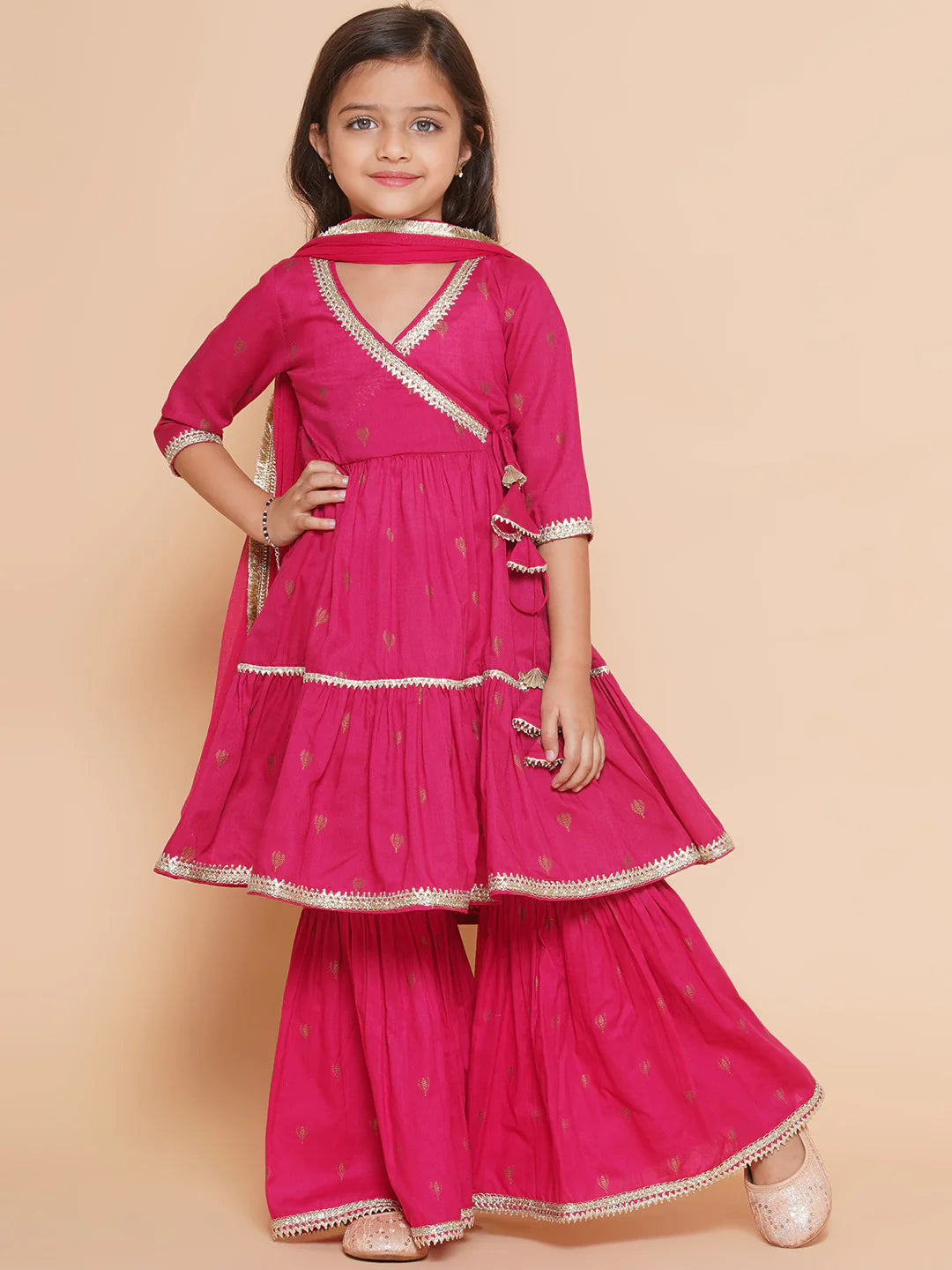 Girls pink Ethnic Motifs Printed Angrakha Gotta Patti Kurta With Sharara & Dupatta