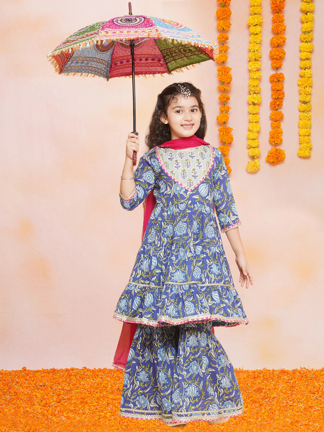 Girls Blue Floral Printed Round- Neck Kurta with Sharara with Dupatta