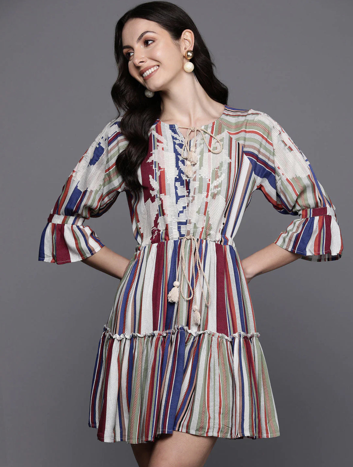 Multi Striped Embroidered & Tie-Up Detail Mini A-Line Dress