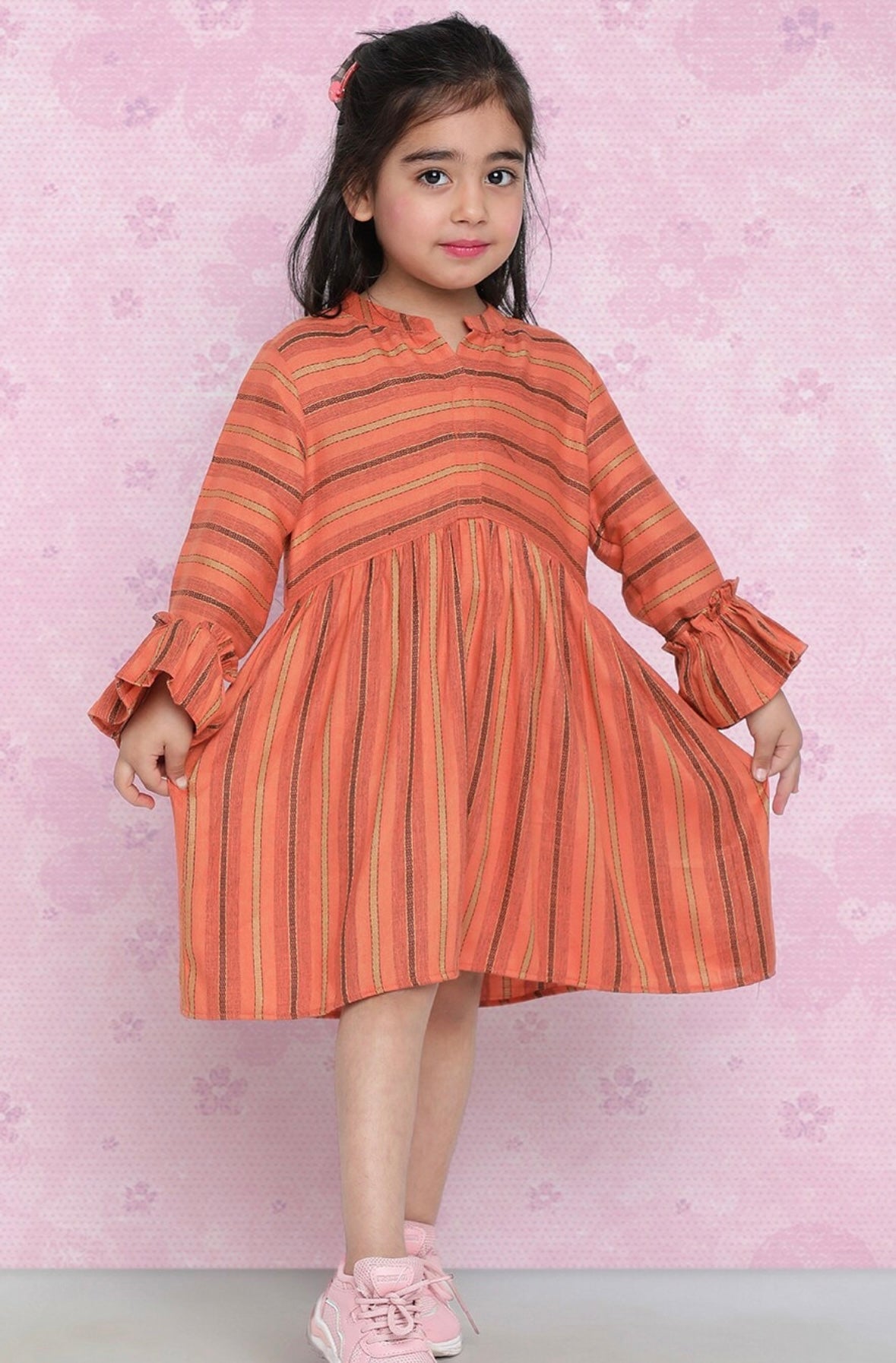 Girls Orange Striped Pure Cotton Fit & Flare Dress