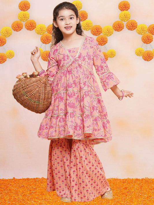 Girls Peach Printed V- Neck Kurta with Sharara