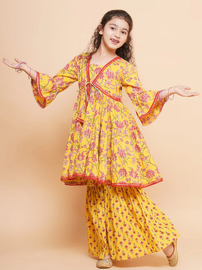 Girls Yellow Printed V- Neck Kurta with Sharara