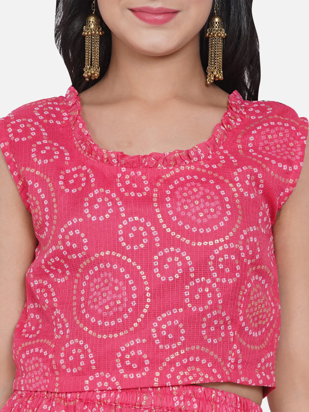 Girls Pink & White Printed Ready To Wear Lehenga & Blouse With Dupatta