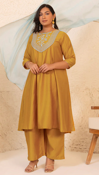 Mustard Chinnon Yoke Embroidery Panelled Kurta Set