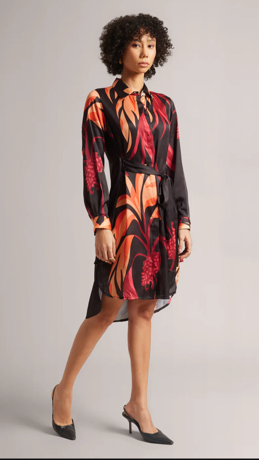 Black Satin Abstract Button Down Dress